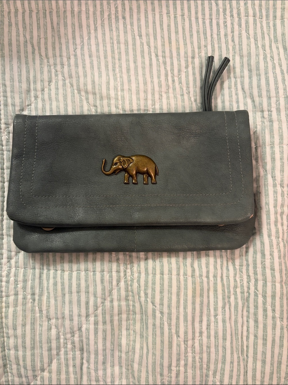 Elephant Gray Leather Crossbody Clutch with Brass Elephant Accent